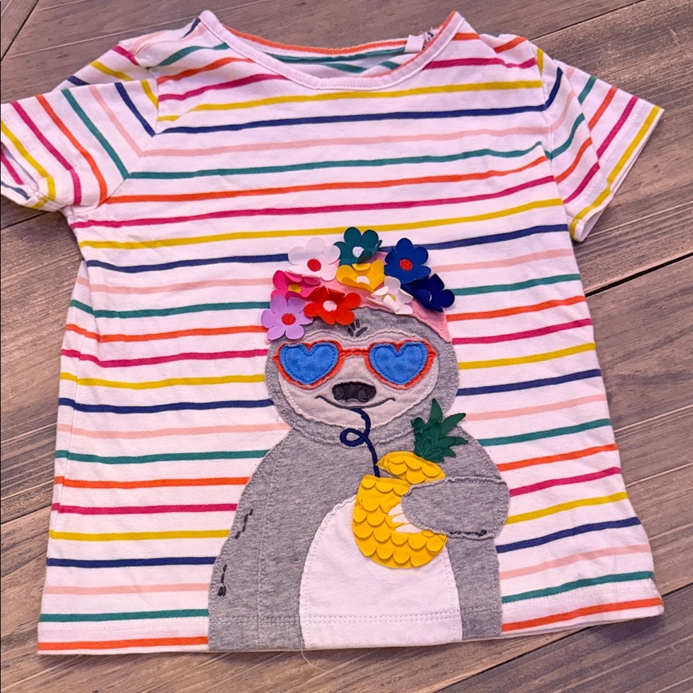 Mini Boden Girls Sloth Pineapple Appliqué Rainbow Stripe Shirt Size 7 (122cm)